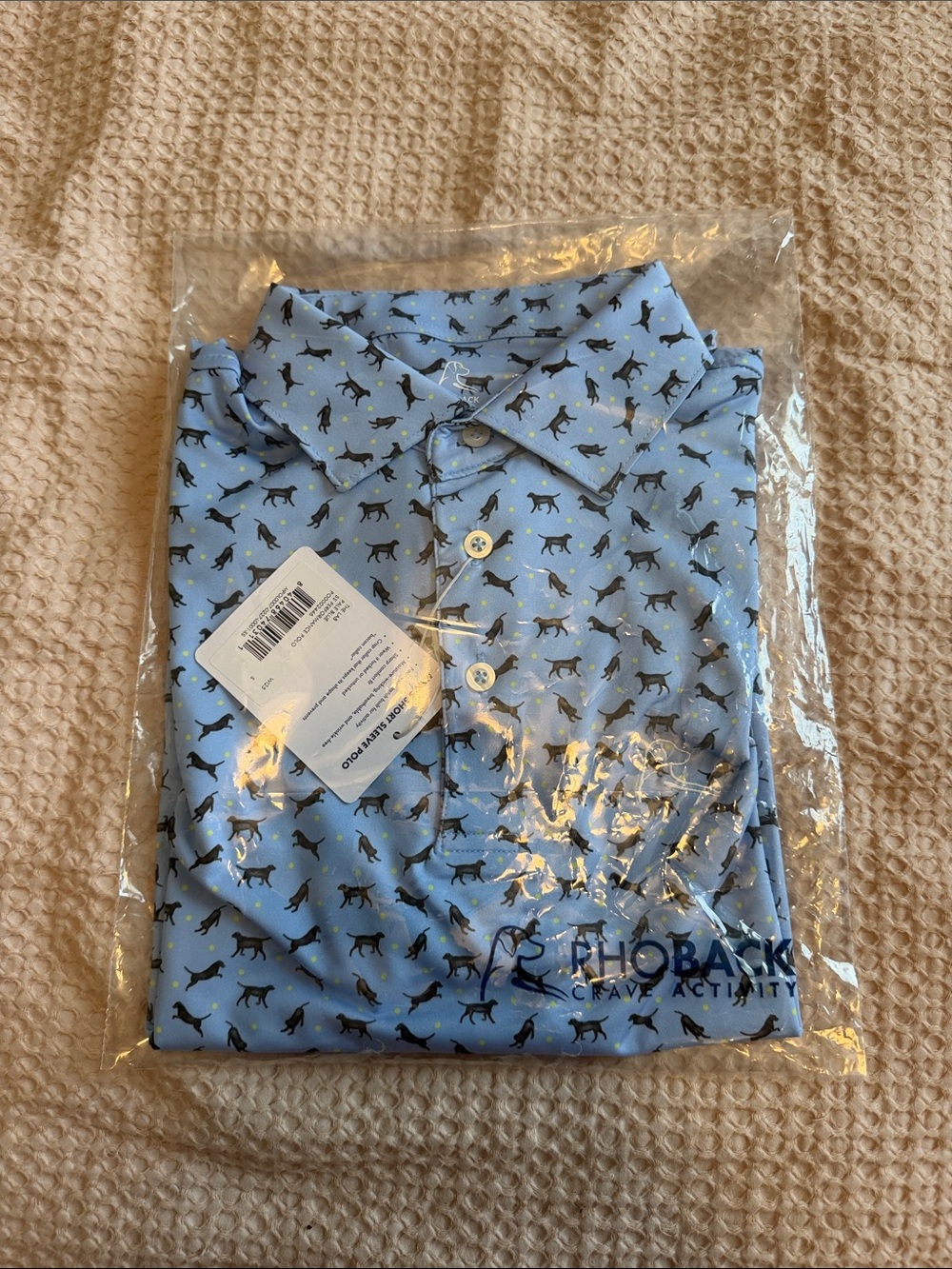 Rhoback Light Blue Polo with Black Dog Print